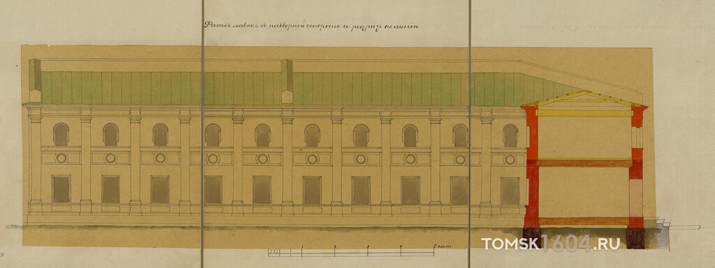 Проект корпусов двухэтажных лавок при Богоявленской церкви. Дворовый фасад. 1884г. Источник: ГАТО.
